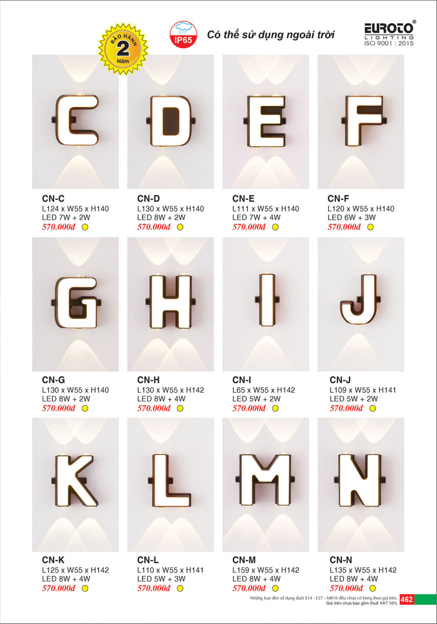 Đèn vách Euroto chữ CN-O, CN-P, CN-Q, CN-W, CN-R, CN-S, CN-T, CN-U, CN-V, CN-X, CN-Y, CN-Z