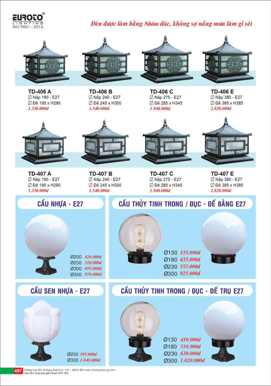 Đèn trụ Euroto TD-406 A, TD-406 B, TD-406 C, TD-406 E, TD-407 A, TD-407 B, TD-407 C, TD-407 E, cầu nhựa, cầu thủy tinh trong, cầu thủy tinh đục, cầu sen nhựa