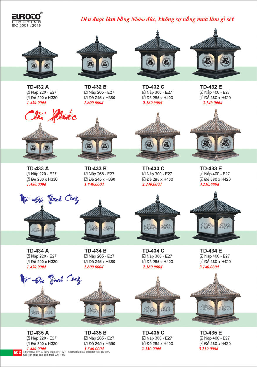 Đèn trụ Euroto TD-432 A, TD-432 B, TD-432 C, TD-432 E, TD-433 A, TD-433 B, TD-433 C, TD-433 E, TD-434 A, TD-434 B, TD-434 C, TD-434 E, TD-435 A, TD-435 B, TD-435 C, TD-435 E