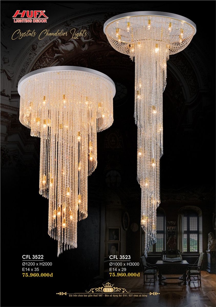 Đèn chùm pha lê thông tầng Hufa CFL 3522, CFL 3523