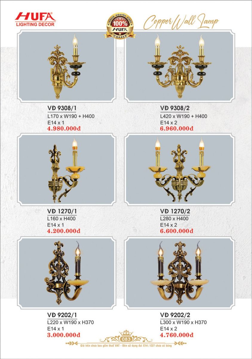 Đèn vách đồng Hufa VĐ 9202/1, VĐ 9202/2, VĐ 1270/1, VĐ 1270/2, VĐ 9308/1, VĐ 9308/2