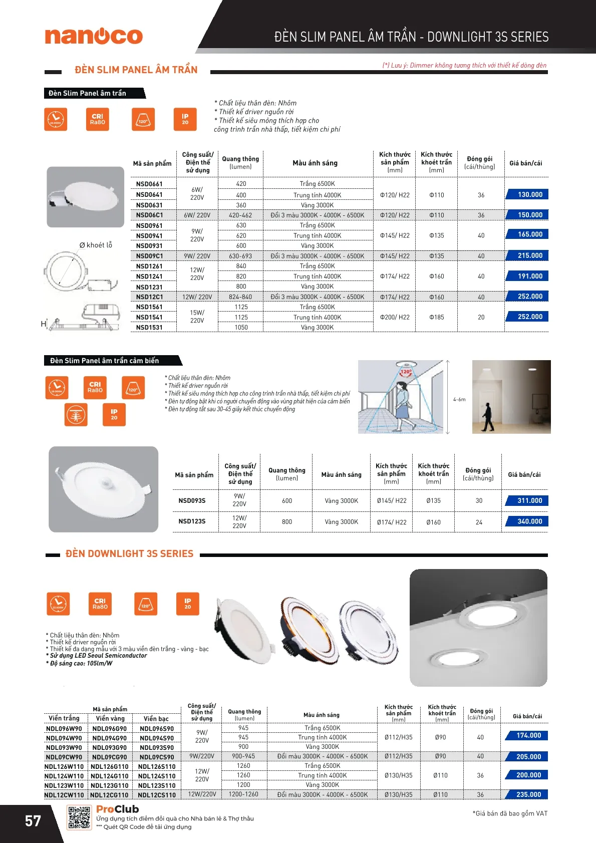 Đèn chiếu sáng, đèn LED, đèn slim panel âm trần, đèn downlight 3S Panasonic / Nanoco NSD, NDL 6W, 9W, 12W, 15W