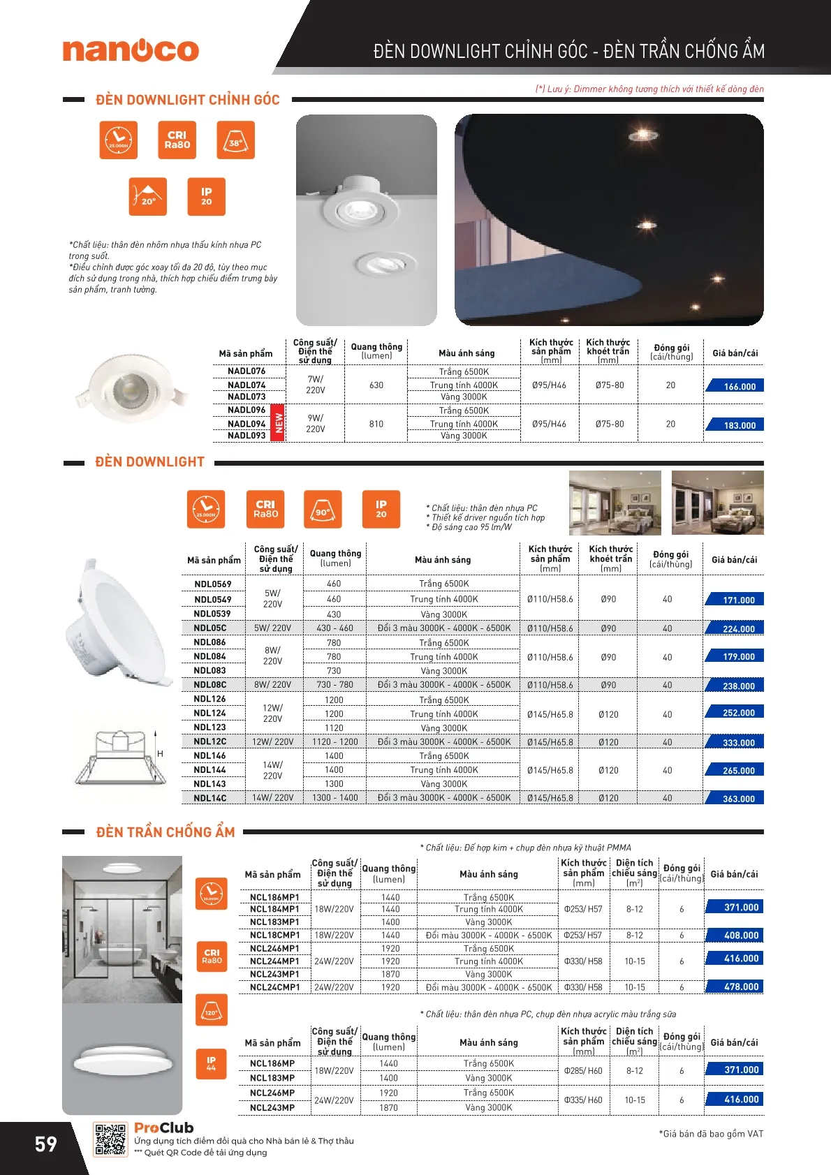 Đèn chiếu sáng, đèn LED, đèn downlight chỉnh góc, đèn trần chống ẩm Panasonic / Nanoco NADL, NDL, NCL 5W, 7W, 8W, 9W, 12W, 14W, 18W, 24W