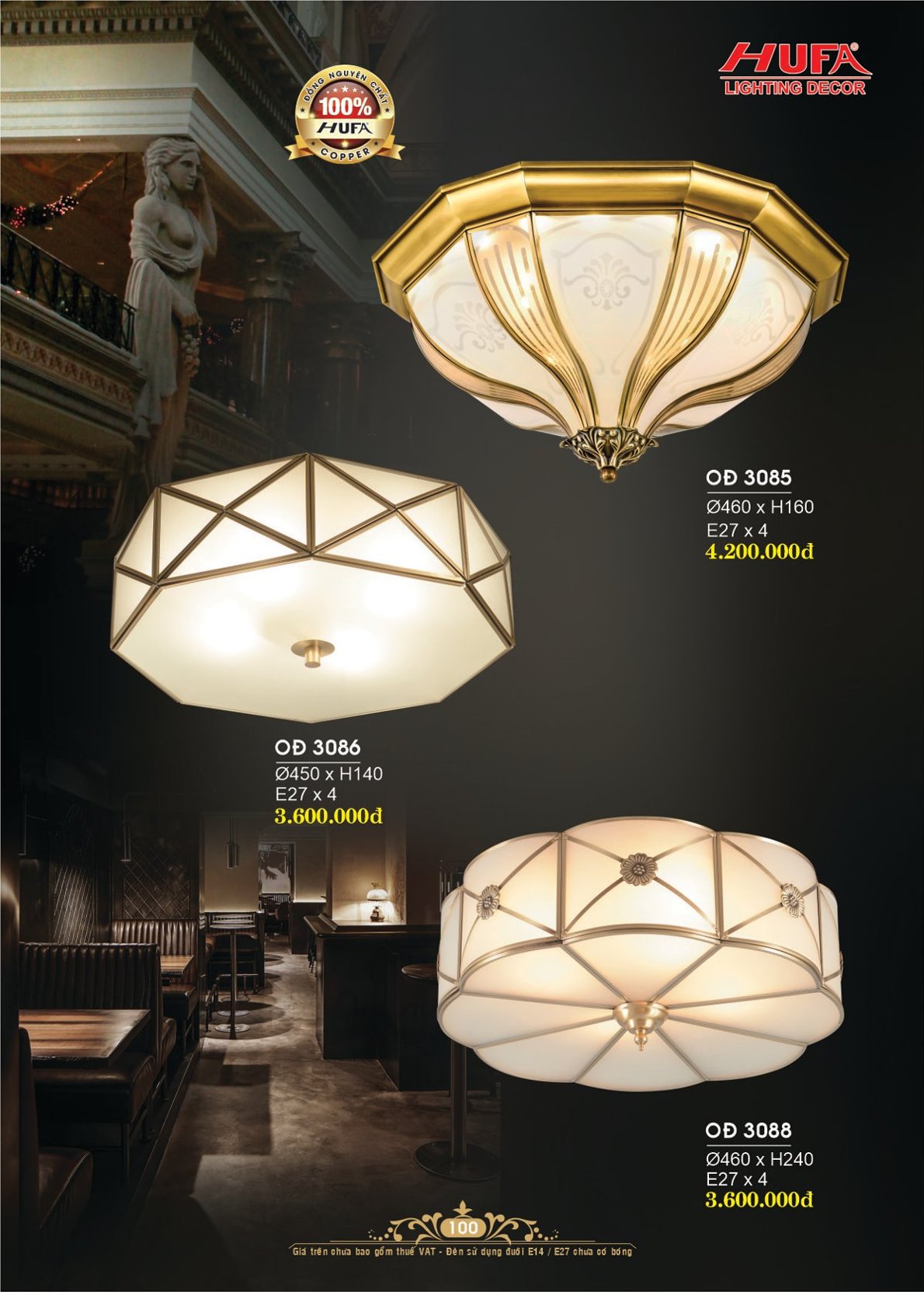 Đèn trang trí Hufa OĐ 3085, đèn ốp trần đồng nguyên chất, đèn ốp trần, đèn trang trí cao cấp sang trọng, chính hãng, nhiều mẫu để lựa chọn, chất lượng tốt